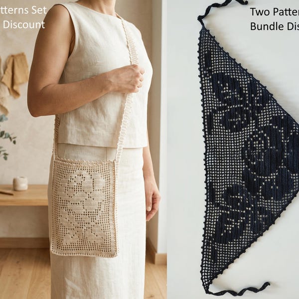 Filet Crochet Pattern Bundle PDF | Rose Bag & Black Lace | 2 Patterns Set | Instant Download