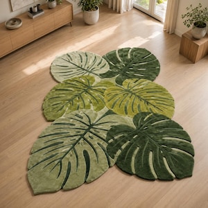 Handgetuft wollen vloerkleed Monsterablad | Botanisch groen vloerkleed | Tropisch statementtapijt | Moderne woonkamerinrichting | Handgemaakt wollen vloerkleed