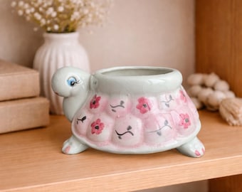 Vintage Crackle Glaze Pink Turtle Planter, Cottage Garden Ceramic Animal Flower Pot Decor 3"H