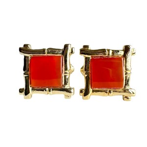 Vintage Red Square Cufflinks Gold Tone Bamboo Style Frame Retro Mens Formal Jewelry Groom Gift Bullet Back Suit Statement Accessory