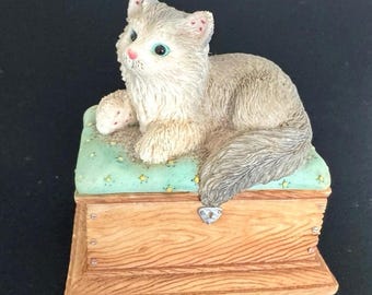 Calico Kittens Wooden Trinket Box, Priscilla Hillman Enesco 2000, Resin Cat Figurine Hopes And Dreams