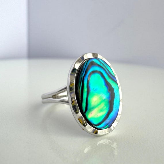 Vintage Abalone Shell Adjustable Ring, Silver Ton… - image 1