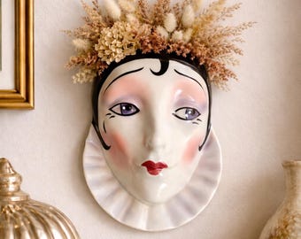 Vintage Pierrot Clown Wall Pocket Vase, Ceramic Mask Art Deco Style Wall Decor