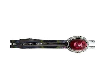 Vintage Japanese Cloisonne Tie Bar: Red Enamel Cabochon, Silver-Tone Rope Bezel