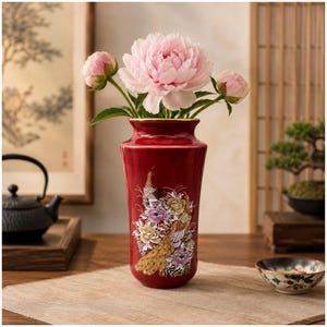 May include: A deep red ceramic vase featuring a gold-rimmed opening and a detailed, colourful illustration of a peacock surrounded by flowers on its front. The vase holds three light pink peony blossoms with green stems and leaves.