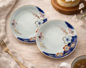 Vintage Japanese Floral Plates Celadon Blue Porcelain Dessert Dishes Set of 2