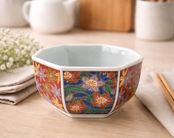 Vintage Japanese Imari Porcelain Bowl, Arita Octagonal Floral Red Blue Gilt 4.5"