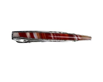 Vintage Banded Agate Tie Clip Bar Red White Stone Silver Tone Mens Retro Gift