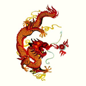May include: Embroidered image of a Chinese dragon in shades of red and orange, with yellow accents. The dragon is depicted in a dynamic pose, with intricate details in its scales and features. The design is set against a plain white background.
