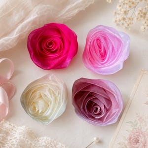 Organza Rose Flower Applique 3D Flat Back Bridal Hair Bow Dress Sash Corsage Wedding Party Doll Costume DIY Sewing Supply 2.5 Inch
