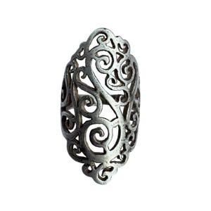 Vintage Sterling Silver 925 Filigree Ring Size 6 Large Statement Openwork Scroll Band Boho Antique Style Romantic Lace Cutout