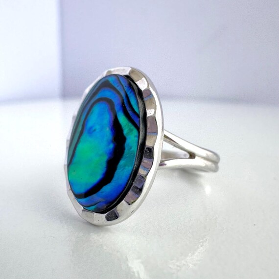 Vintage Abalone Shell Adjustable Ring, Silver Ton… - image 2