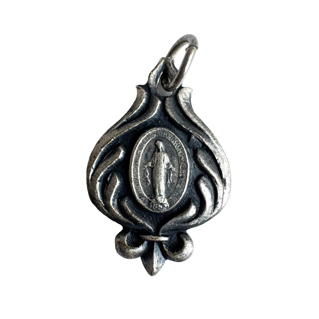 Vintage Virgin Mary Pendant Miraculous Medal Catholic Charm Ornate ...