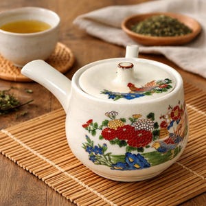 May include: A white ceramic teapot with a side handle and a lid. The teapot is decorated with colorful floral and bird designs. A cup of tea and a small wooden bowl with tea leaves are in the background.