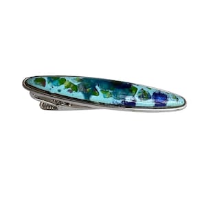 Vintage Japanese Cloisonne Tie Clip Blue Green Abstract Enamel Silver Tone Bar Mens Formalwear Wedding Suit Accessory Retro Gift for Him