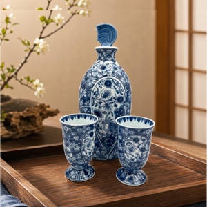 May include: A blue and white ceramic sake set consisting of one decanter with a sculpted stopper and two matching stemmed cups. Each piece features an intricate floral and bird pattern in a deep blue glaze against a white ceramic background.