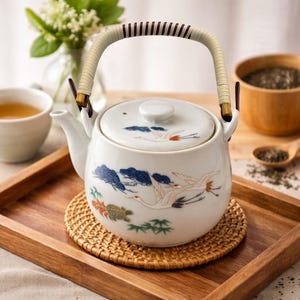 May include: White ceramic teapot with a crane and cloud design, featuring a woven handle. The teapot sits on a round woven coaster, placed on a wooden tray. The design includes blue, red, and green accents.