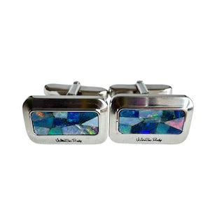 Blue Opal Cufflinks Valentino Rudy Crushed Opal Inlay Silver Tone Rectangular Wedding Groom Suit Business Fathers Gift Signed