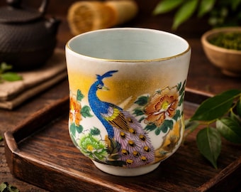 Vintage Kutani Japanese Tea Cup Hand-Painted Peacock Floral Porcelain Yunomi Sake Cup Decor