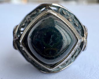 Vintage Japanese Shippo Cloisonné Enamel Ring, Dark Green Adjustable Copper Plated