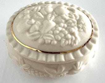 Vintage Lenox Porcelain Trinket Box, Embossed Floral & Fruit Relief with Gold Trim, 1998 Collectible