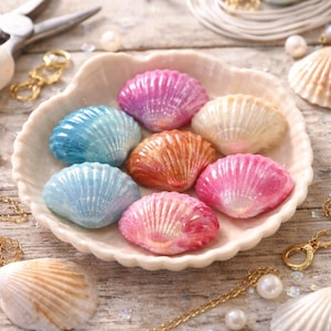 May include: A collection of seven small, iridescent seashell charms in shades of pink, blue, orange, and cream, arranged inside a larger, scalloped, cream-colored ceramic dish. The shells feature a glossy, pearlescent finish and ribbed textures.