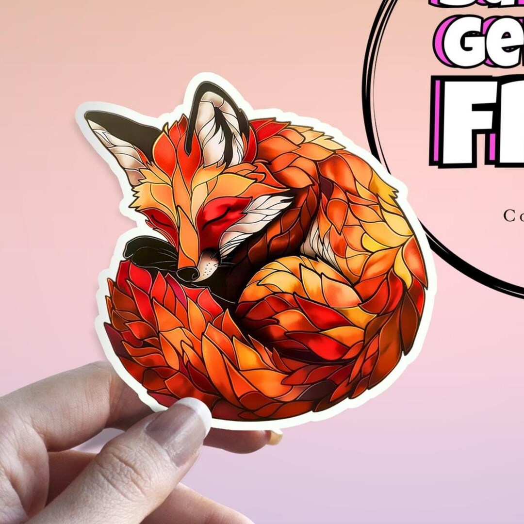 Stained Glass Sleeping Fox Sticker: Red Fox, Waterproof Animal Sticker ...