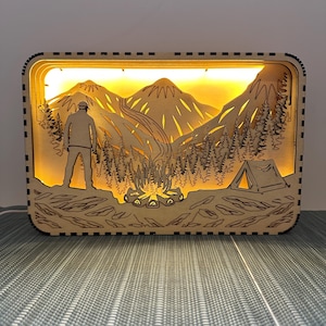 Layered Shadow Box laserskurna filer för LED-ljus | Digital SVG DXF för plywood | Misty Morning Mountains