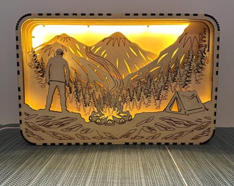 Archivos cortados con láser para caja de sombras en capas para luz LED / SVG DXF digital para madera contrachapada / Montañas con niebla matutina