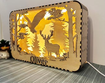 Laser Cut Forest Scene Lamp SVG | Deer & Eagle Shadow Light (Digital Download)