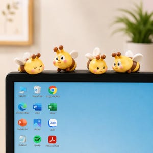 May include: Four small, yellow and brown bee figurines with white wings are perched along the top edge of a computer monitor. Each bee has a distinct facial expression, including closed eyes, a smiling face, an angry look, and a happy expression.