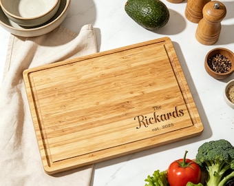 Tábua de bambu personalizada para bifes, tábua de charcutaria gravada para casamento, tábua de corte personalizada com o nome da família