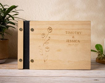Engraved Natural Wood Wedding Guest Book, Custom Photo Album, Polaroid Scrapbook