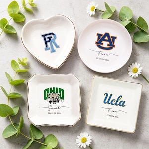 Plato para anillos con logotipo universitario personalizado, bandeja de cerámica personalizada para joyas, recuerdo de graduación