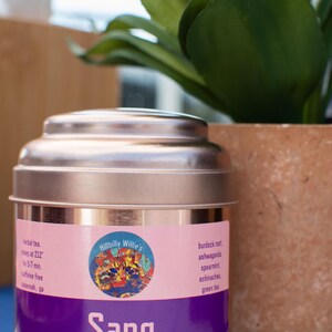 May include: A copper-colored tea tin with a pink and purple label. The label features the text "Sang" and "Hillbilly Willie's" with a colorful cat illustration. The tin is next to a potted plant.