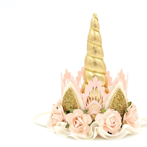 Peaches n Cream || Unicorn flower lace crown headband gold + peach + ivory || Unicrown