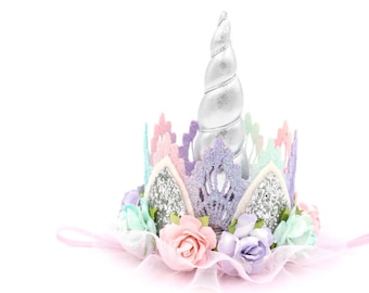 Unicorn flower lace crown headband || silver + pink + lavender + aqua  || Unicrown