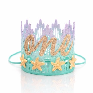Mermaid first birthday crown cake smash hat, aqua and lavender lace crown with gold one, starfish birthday crown, under the sea first birthday outfit accessory, ocean themed baby girl birthday crown, handmade USA