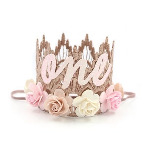 First Birthday crown cursive ONE mini Sienna rose gold lace crown with pink, blush, and ivory flowers custom ANY age image 1