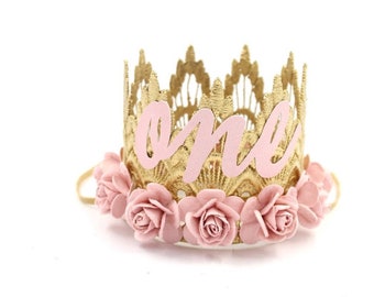 Blush First Birthday Flower Crown / 1er sombrero de fiesta de cumpleaños / 1er traje de cumpleaños / oro + rubor / Sienna Mini / personalizar CUALQUIER edad