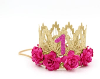 Hot PINk Corona de primer cumpleaños / Sombrero de primer cumpleaños / Accesorio de fiesta de princesa / Sienna MINI / oro + fucsia / personalizar CUALQUIER EDAD