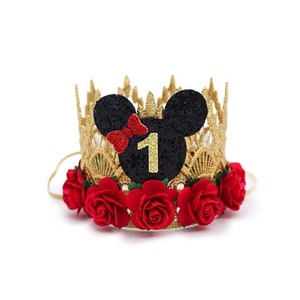First Birthday Mouse Crown | 1st birthday mouse ears | Mouse flower crown | gold + red + black | customize ANY age