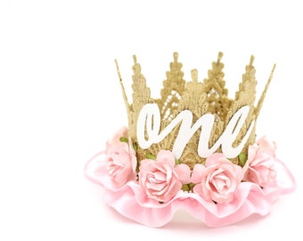 First Birthday lace crown || cursive ONE || gold + pale pink flowers + ribbon || mini Harlow ||photography prop