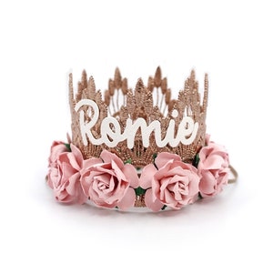 Personalized name MINI Sienna rose gold + dusty pink flowers lace crown hat headband || gift for newborn baby girl