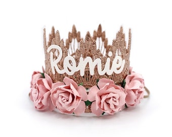 Personalized name MINI Sienna rose gold + dusty pink flowers lace crown hat headband || gift for newborn baby girl