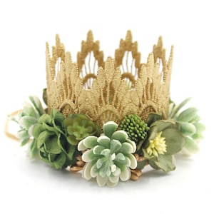 Mini Sienna Lace Crown Headband: Gold Succulent Boho Prop