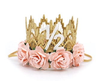 half birthday crown | 1/2 birthday party hat | MINI Sienna gold + palest pink flowers lace crown headband | customize ANY age