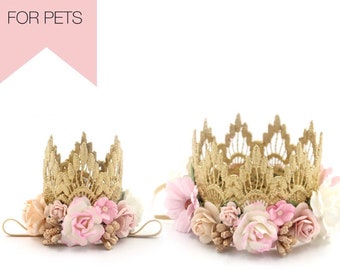 Couronne de fleurs pour chien | Diadème d'anniversaire de chat | ultra MINI ou MINI standard Sienne couronne de fleurs en dentelle boho bloom | pour chiens + animaux | Cadeau pour amoureux des animaux de compagnie