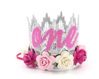 Pink 1st Birthday Crown | First birthday Party Hat | Baby Girl Outfit | Sienna MINI | silver + pink | customize in ANY age