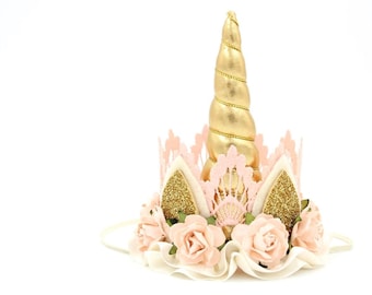 Peaches n Cream || Unicorn flower lace crown headband gold + peach + ivory || Unicrown